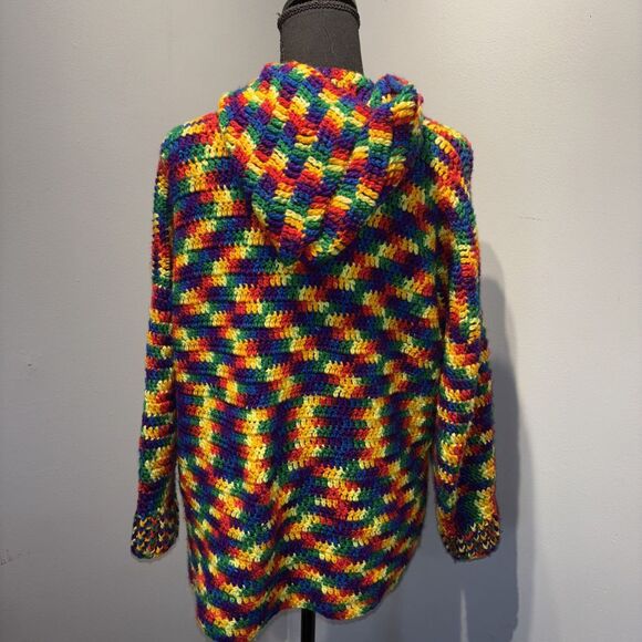 Vtg crochet Cardigan‎ Bold Colors Handmade Hooded Retro Artsy women’s SzM - Picture 4 of 10